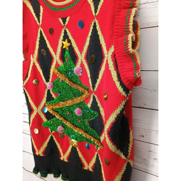 Blizzard Bay Womens Ugly Christmas Sweater Vest L Red Green Tree Sequins Gold Di - Picture 3 of 6